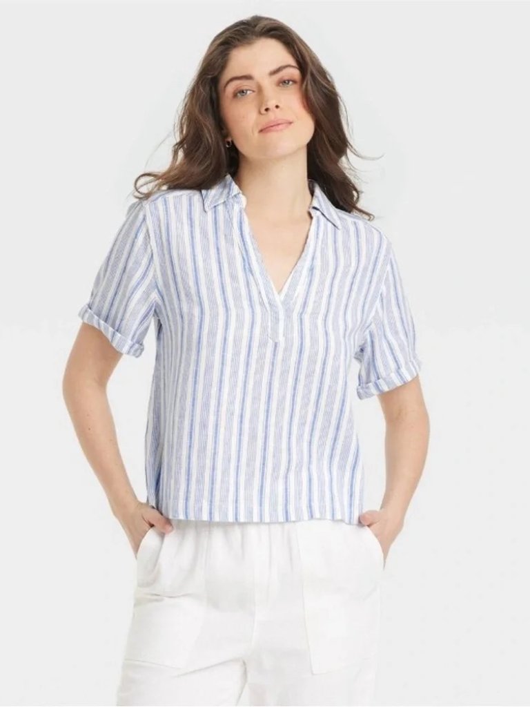 Universal Thread Large Blue Striped Linen Blend Short Sleeve Top